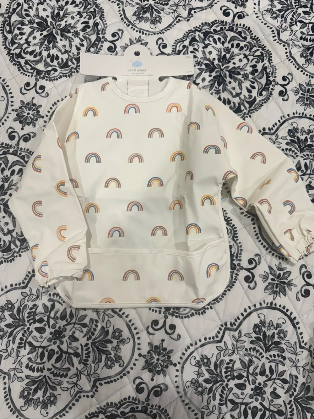 cloud island Cream Long-Sleeve Bib with Rainbow Print